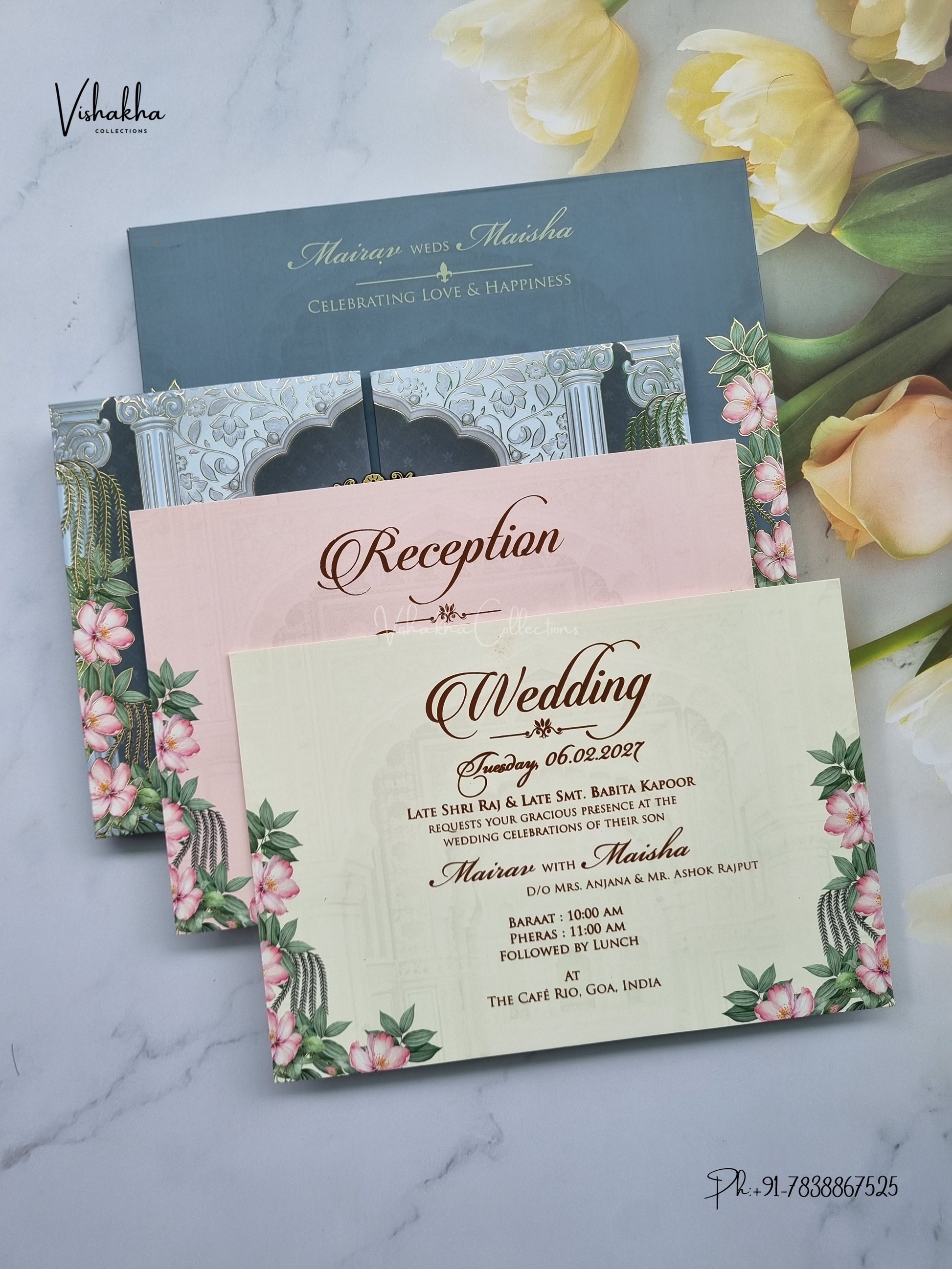 Semi Box Padded Double Door Flower Hindu Muslim Christian Sikh Jain invitation Cards SK-3613 – image 3