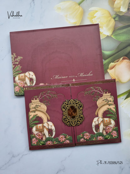 Semi Box Padded Double Door Hathi Hindu Muslim Christian Sikh Jain invitation Cards SK-3614 – image 1