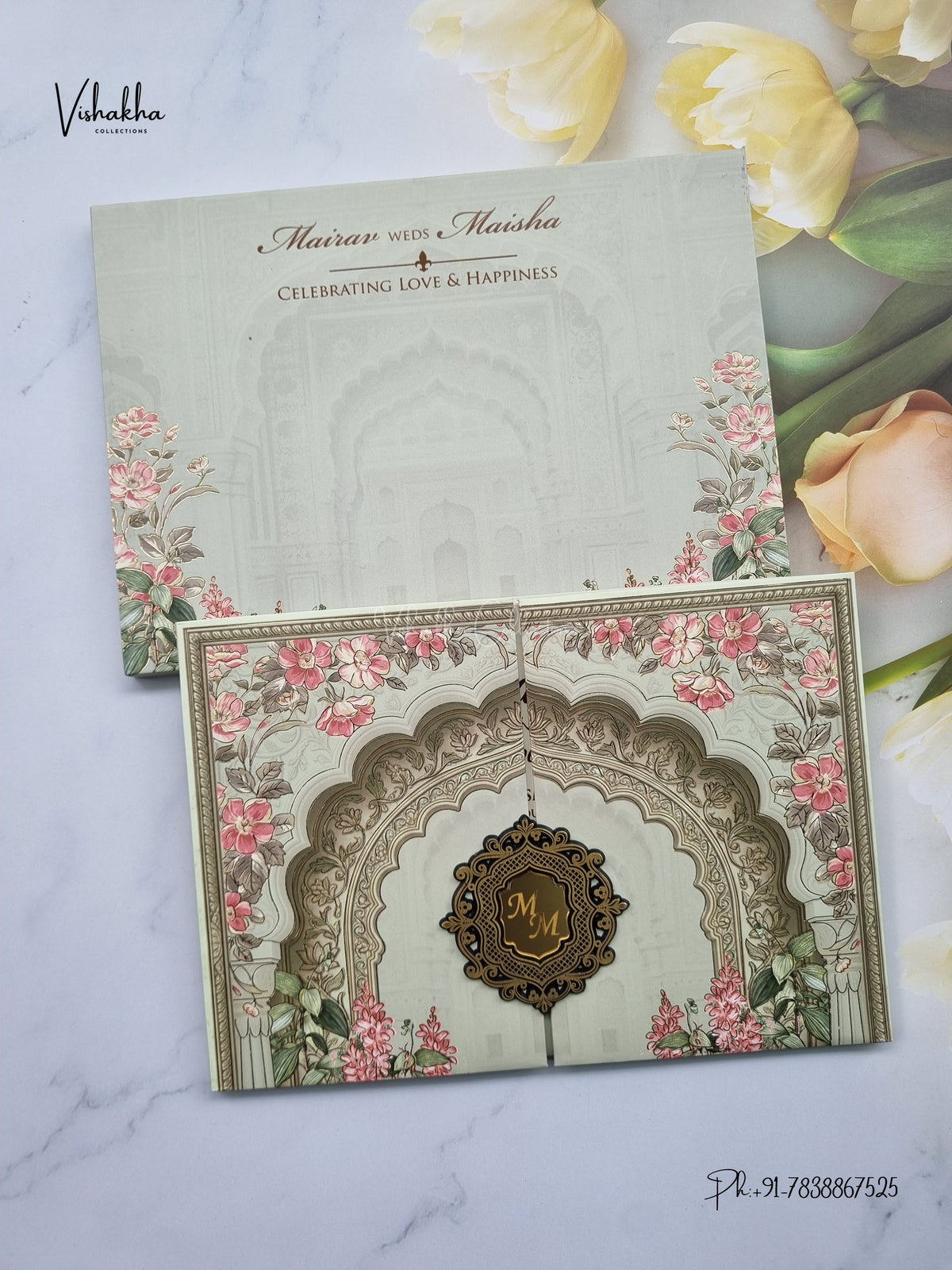 Semi Box Padded Double Door Flower Hindu Muslim Christian Sikh Jain invitation Cards SK-3615 – image 1