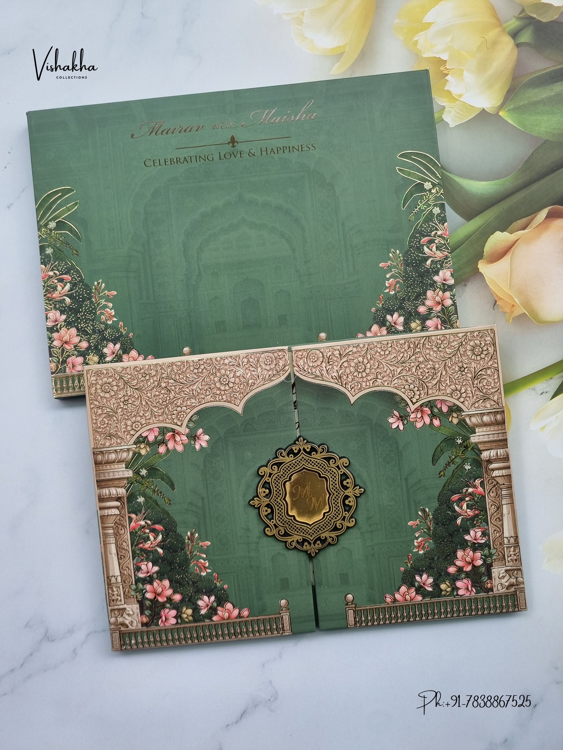 Semi Box Padded Double Door Flower Hindu Muslim Christian Sikh Jain invitation Cards SK-3616 – image 1