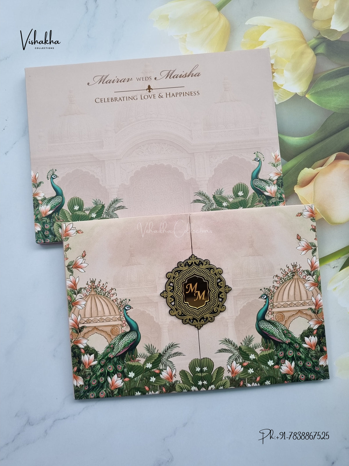 Semi Box Padded Double Door Peacock Hindu Muslim Christian Sikh Jain invitation Cards SK-3617 – image 1