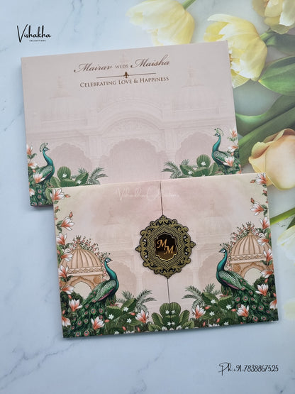Semi Box Padded Double Door Peacock Hindu Muslim Christian Sikh Jain invitation Cards SK-3617 – image 1