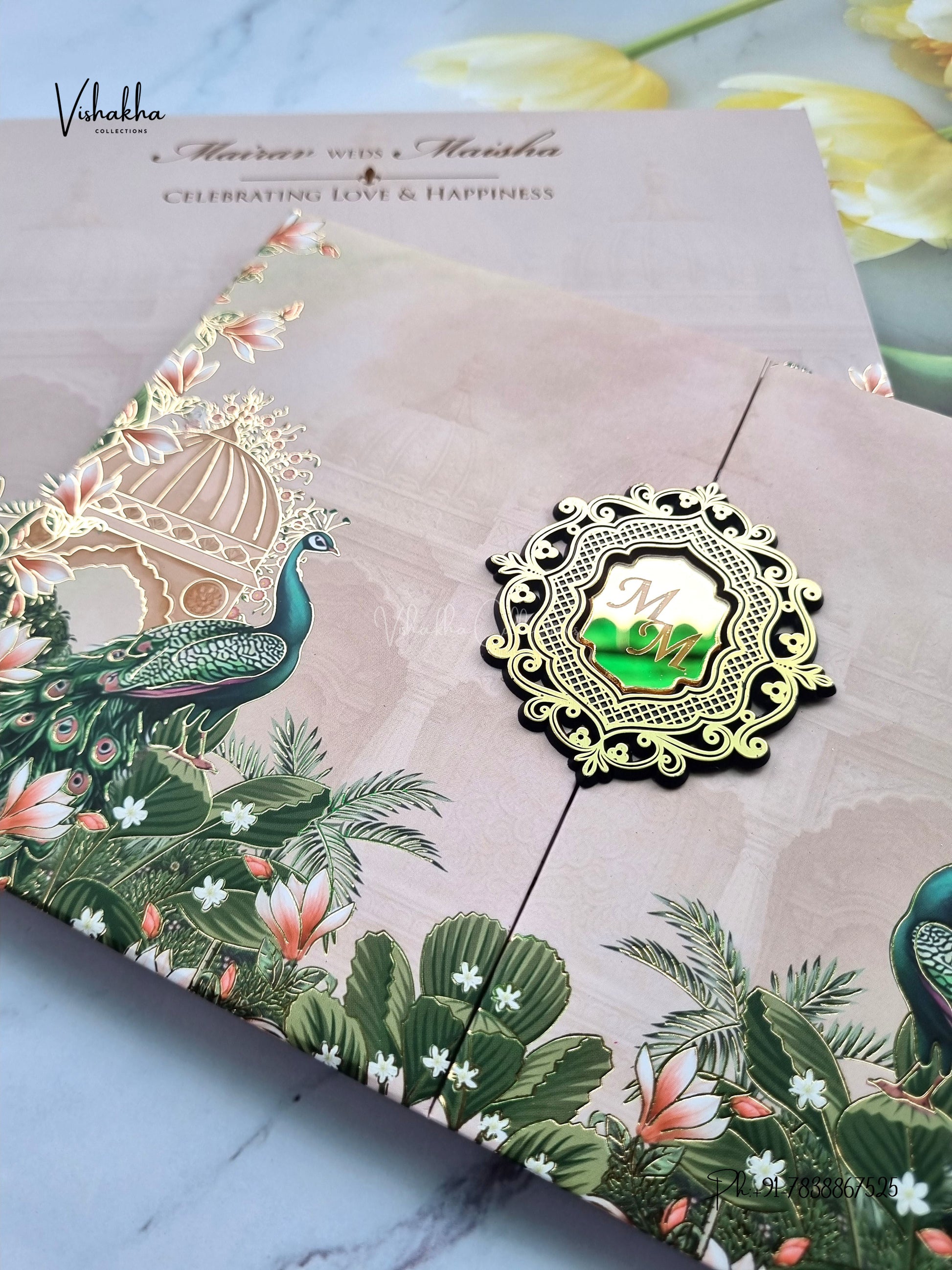 Semi Box Padded Double Door Peacock Hindu Muslim Christian Sikh Jain invitation Cards SK-3617 – image 2
