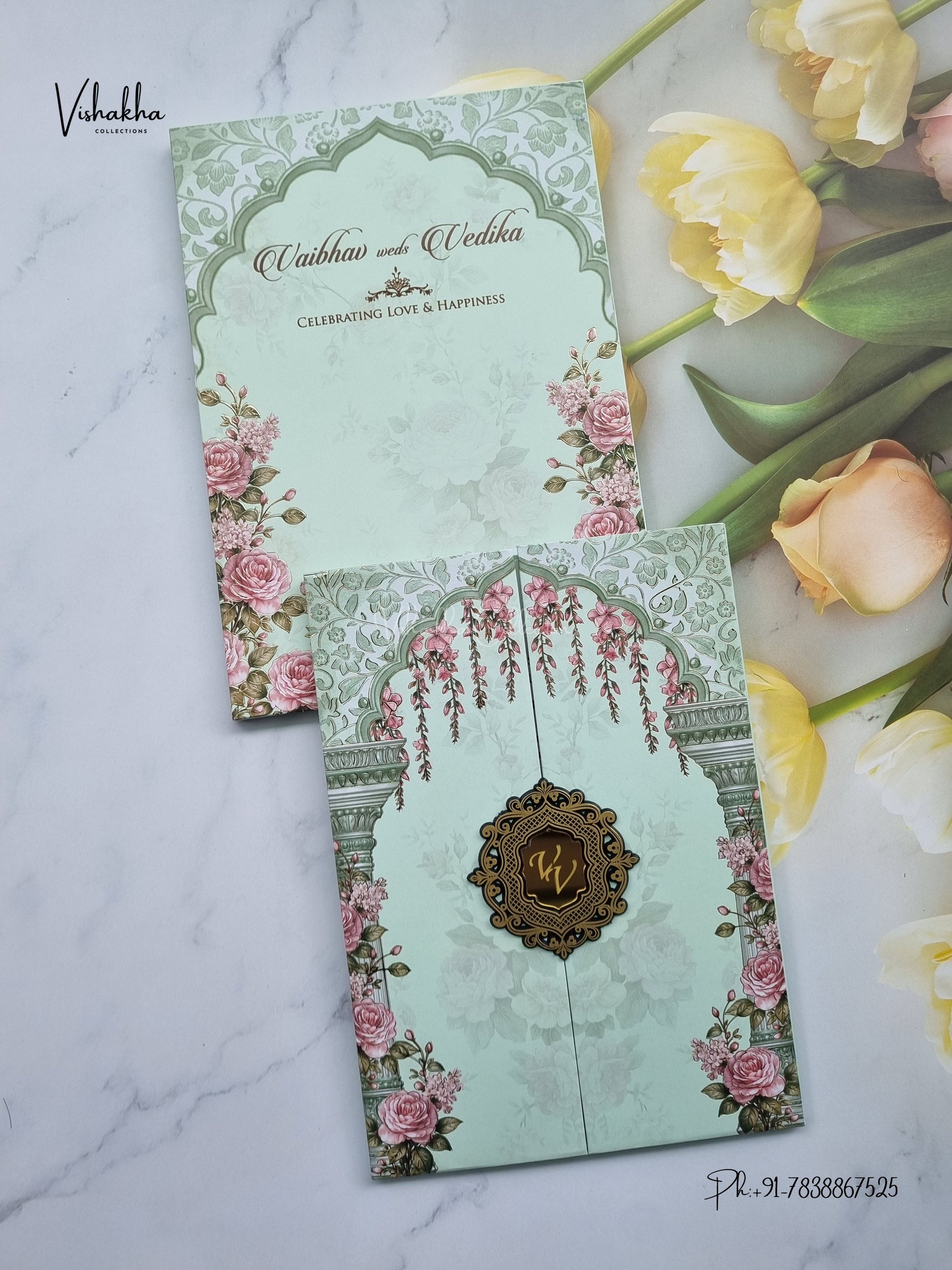 Semi Box Padded Double Door Flower Hindu Muslim Christian Sikh Jain invitation Cards SK-3619 – image 1