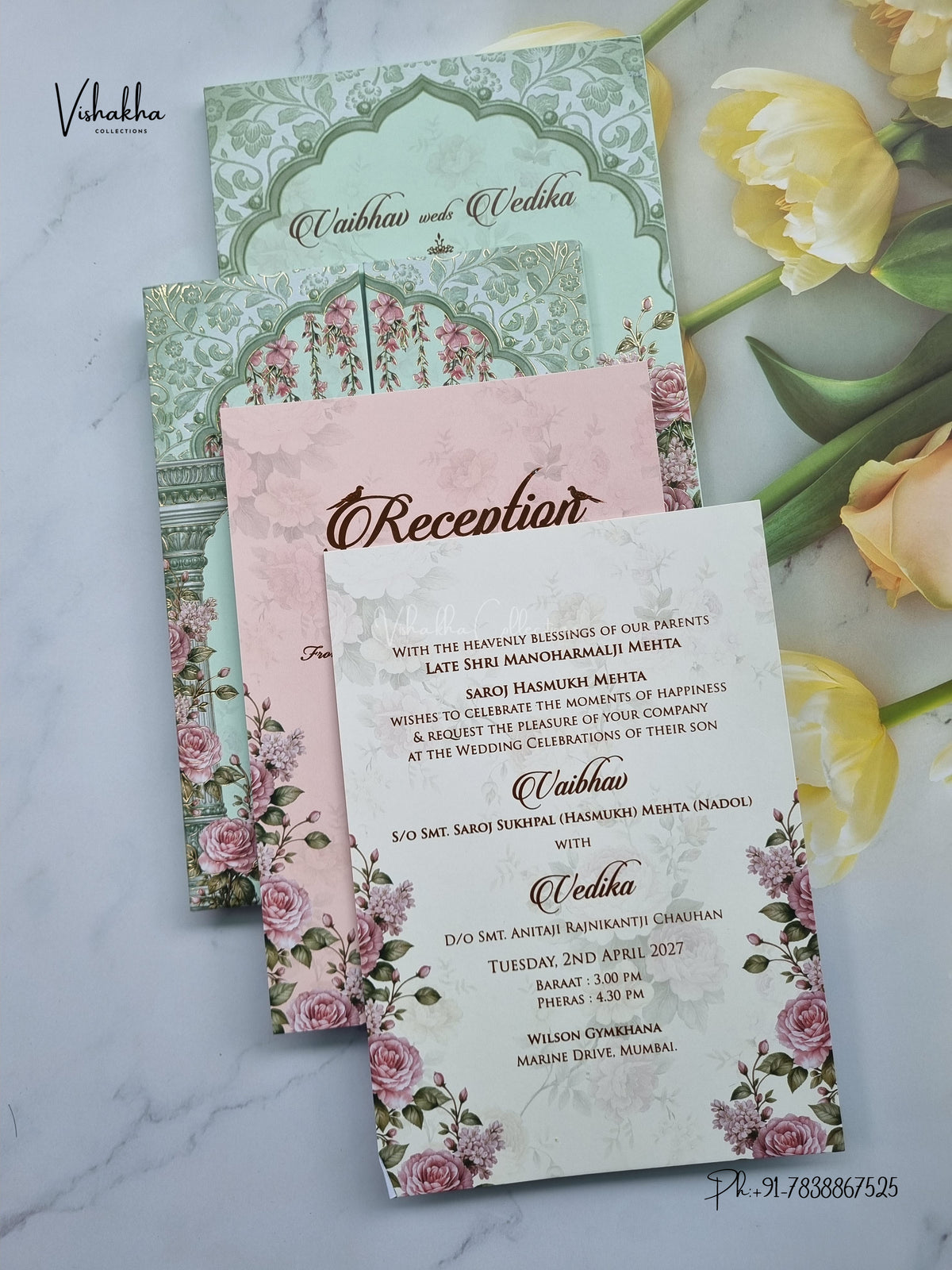 Semi Box Padded Double Door Flower Hindu Muslim Christian Sikh Jain invitation Cards SK-3619 – image 3