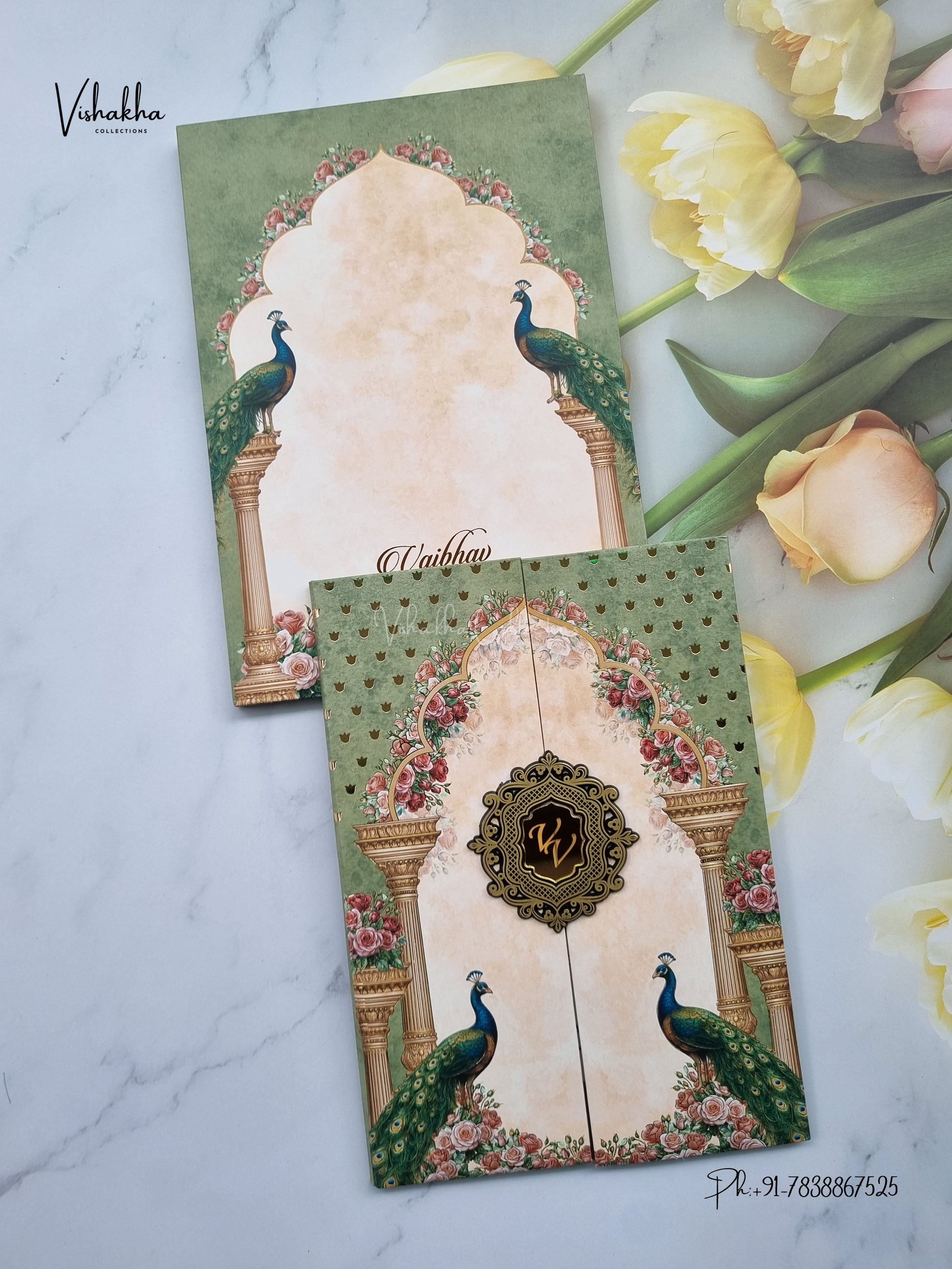 Semi Box Padded Double Door Peacock Hindu Muslim Christian Sikh Jain invitation Cards SK-3621 – image 1