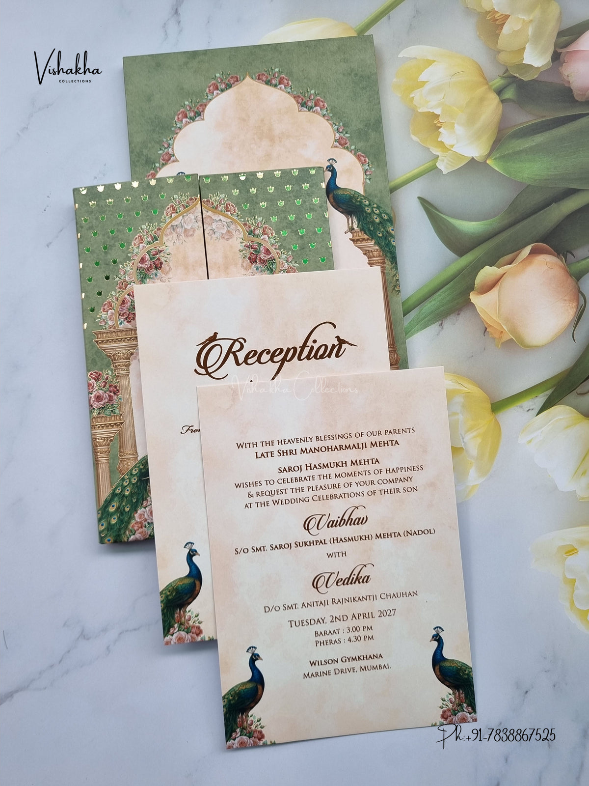 Semi Box Padded Double Door Peacock Hindu Muslim Christian Sikh Jain invitation Cards SK-3621 – image 3