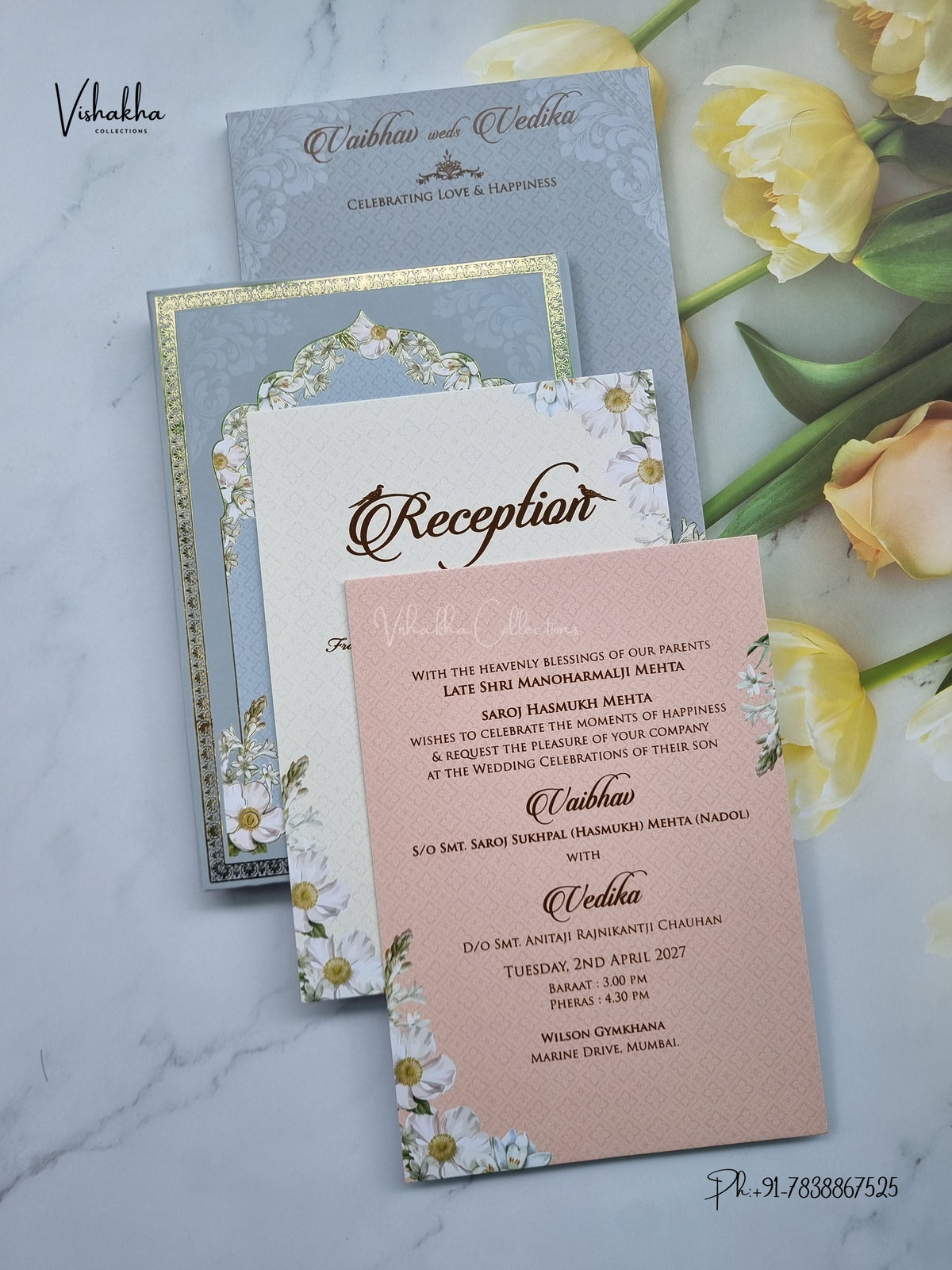 Semi Box Padded Flower Hindu Muslim Christian Sikh Jain invitation Cards SK-3622 – image 3