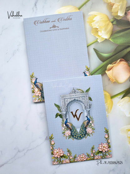 Semi Box Padded Peacock Hindu Muslim Christian Sikh Jain invitation Cards SK-3623 – image 1