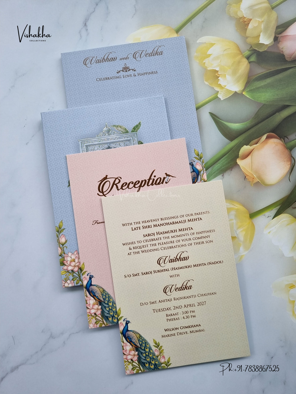 Semi Box Padded Peacock Hindu Muslim Christian Sikh Jain invitation Cards SK-3623 – image 3