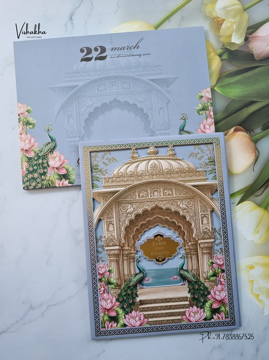 Semi Box Padded 3D Pop Up Hindu Muslim Christian Sikh Jain invitation Cards SK-3626 – image 1