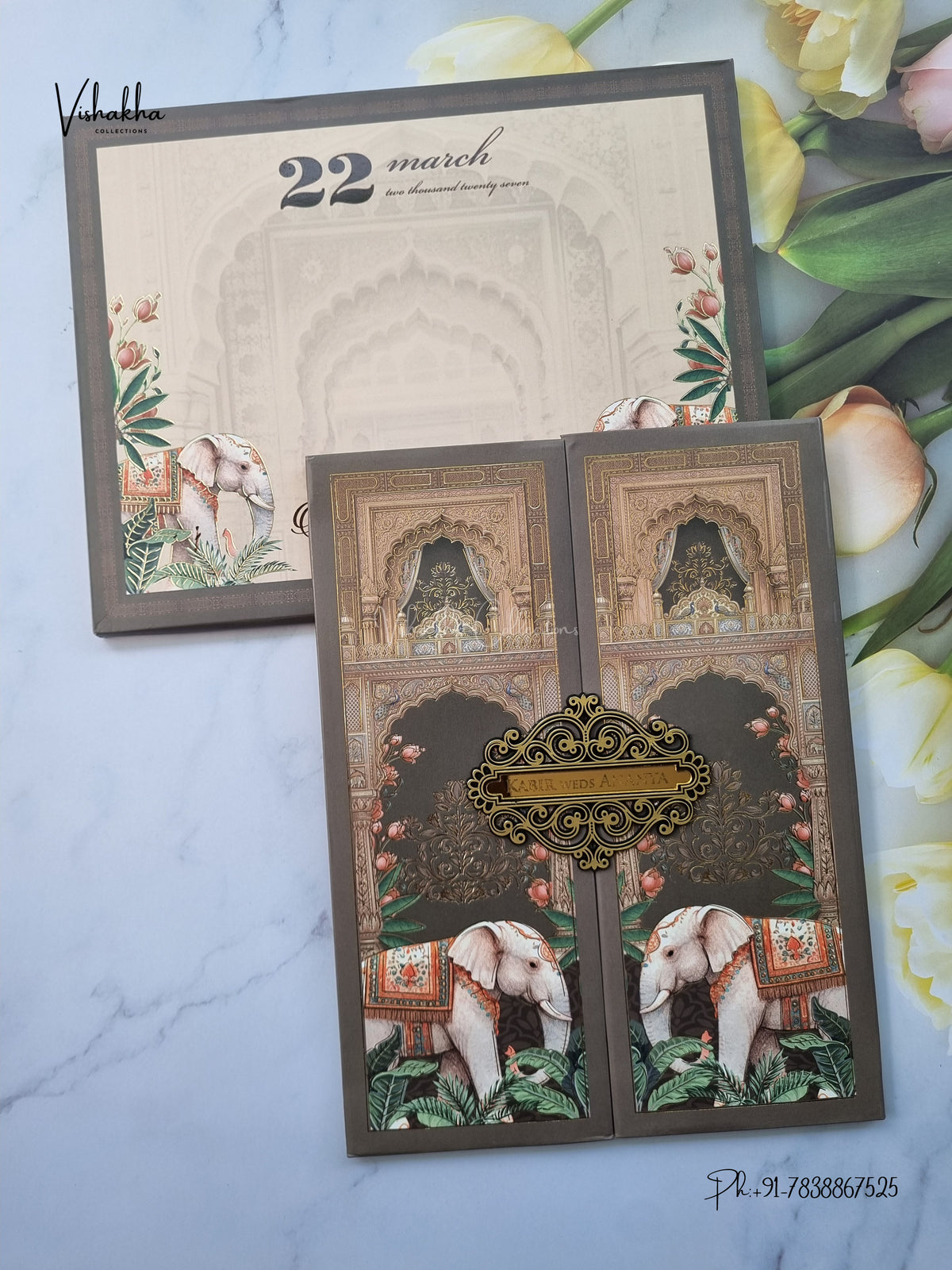 Semi Box Padded Double Door Hathi Hindu Muslim Christian Sikh Jain invitation Cards SK-3627 – image 1
