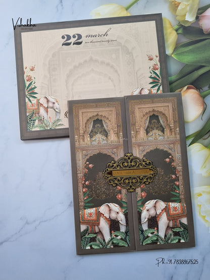Semi Box Padded Double Door Hathi Hindu Muslim Christian Sikh Jain invitation Cards SK-3627 – image 1