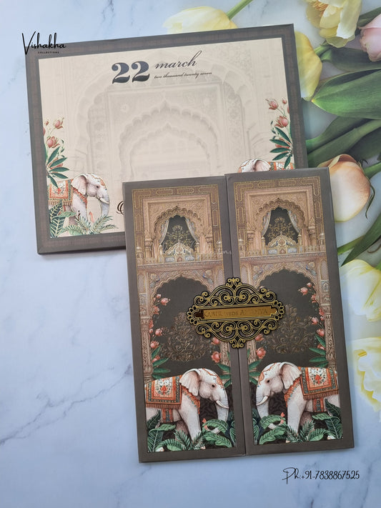 Semi Box Padded Double Door Hathi Hindu Muslim Christian Sikh Jain invitation Cards SK-3627 – image 1