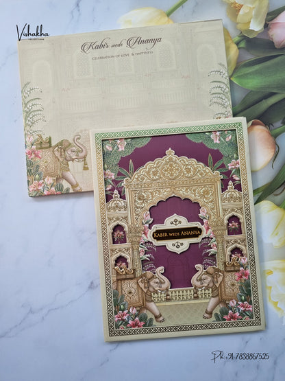 Semi Box Padded 3D Pop Up Hindu Muslim Christian Sikh Jain invitation Cards SK-3628 – image 1
