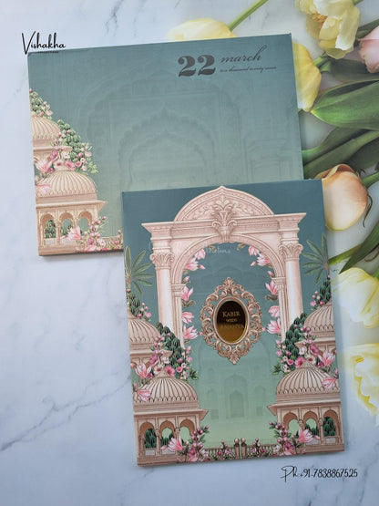 Semi Box Padded Royal Door Hindu Muslim Christian Sikh Jain invitation Cards SK-3633 – image 1