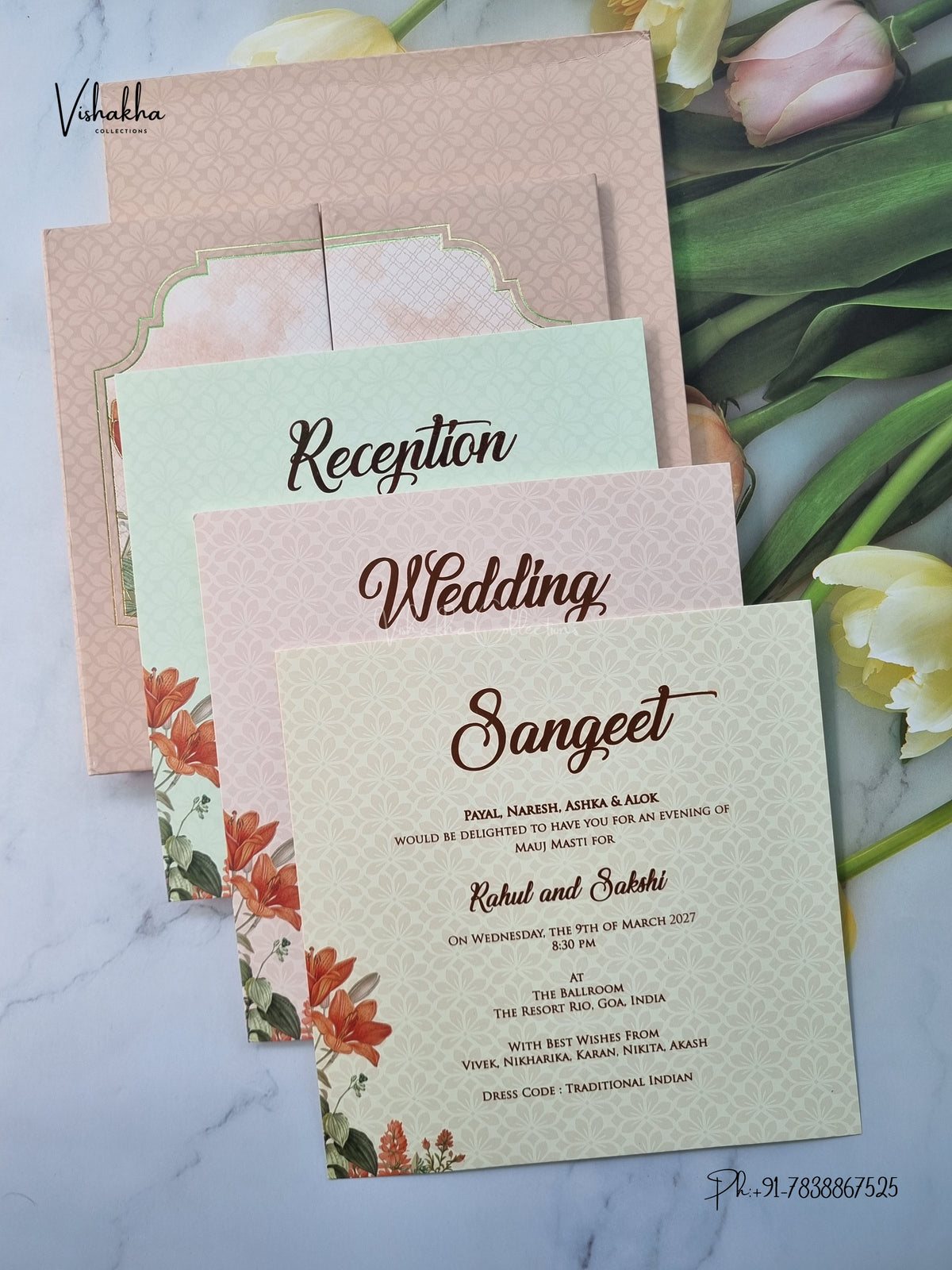 Semi Box Padded Double Door Flower Hindu Muslim Christian Sikh Jain invitation Cards SK-3643 – image 3