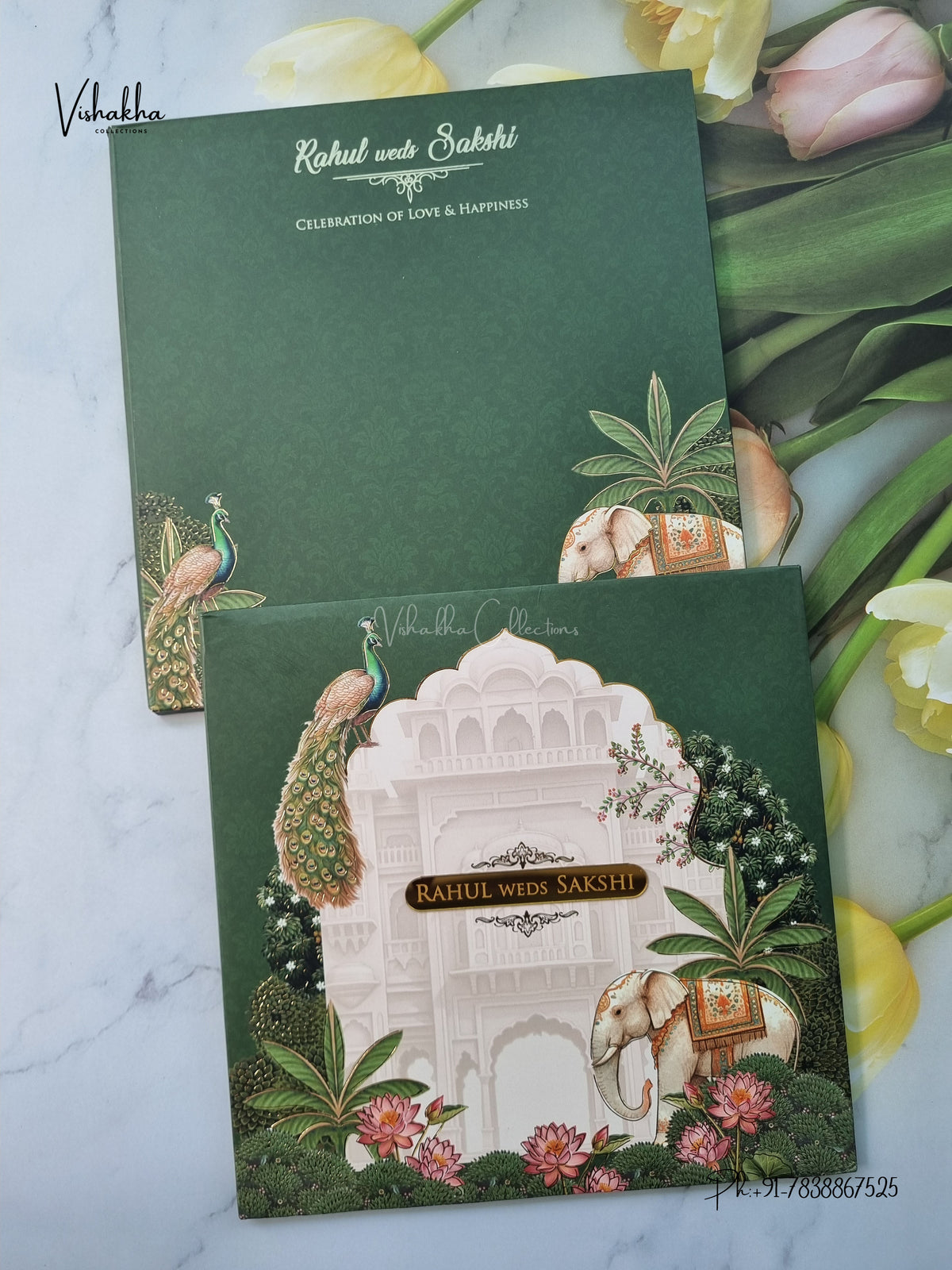 Semi Box Padded Peacock Hathi Hindu Muslim Christian Sikh Jain invitation Cards SK-3644 – image 1