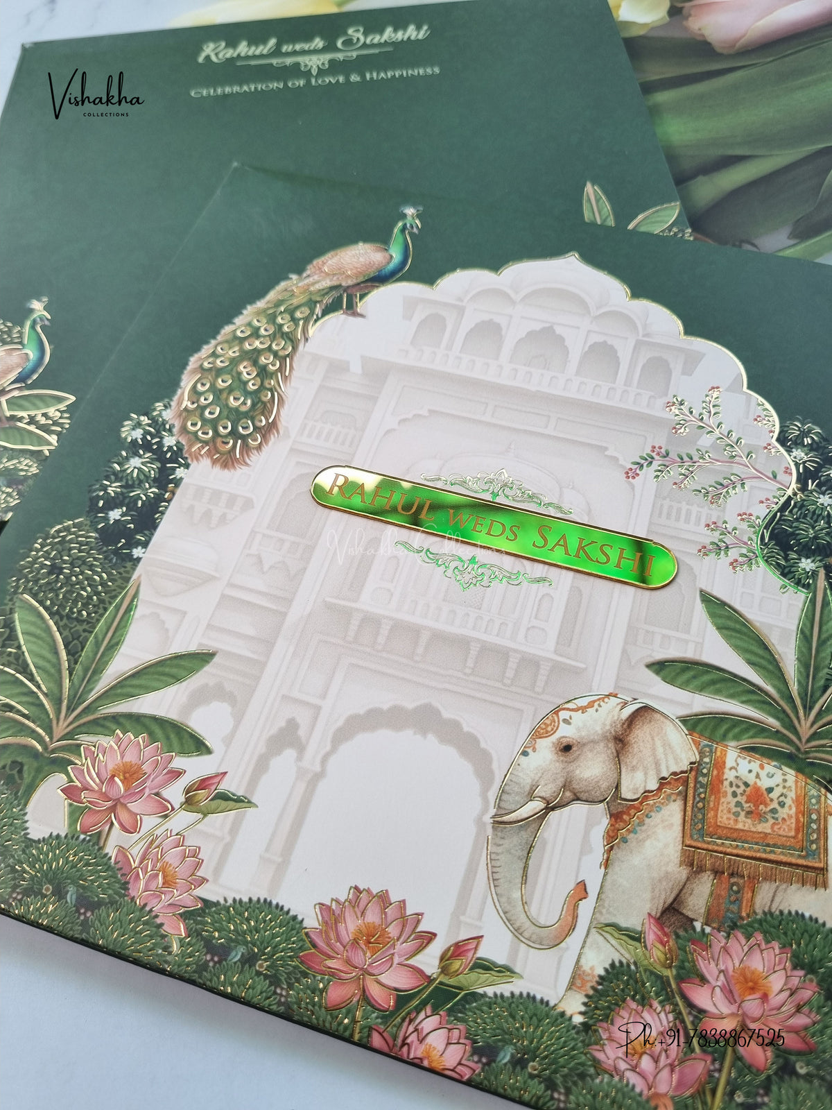 Semi Box Padded Peacock Hathi Hindu Muslim Christian Sikh Jain invitation Cards SK-3644 – image 2