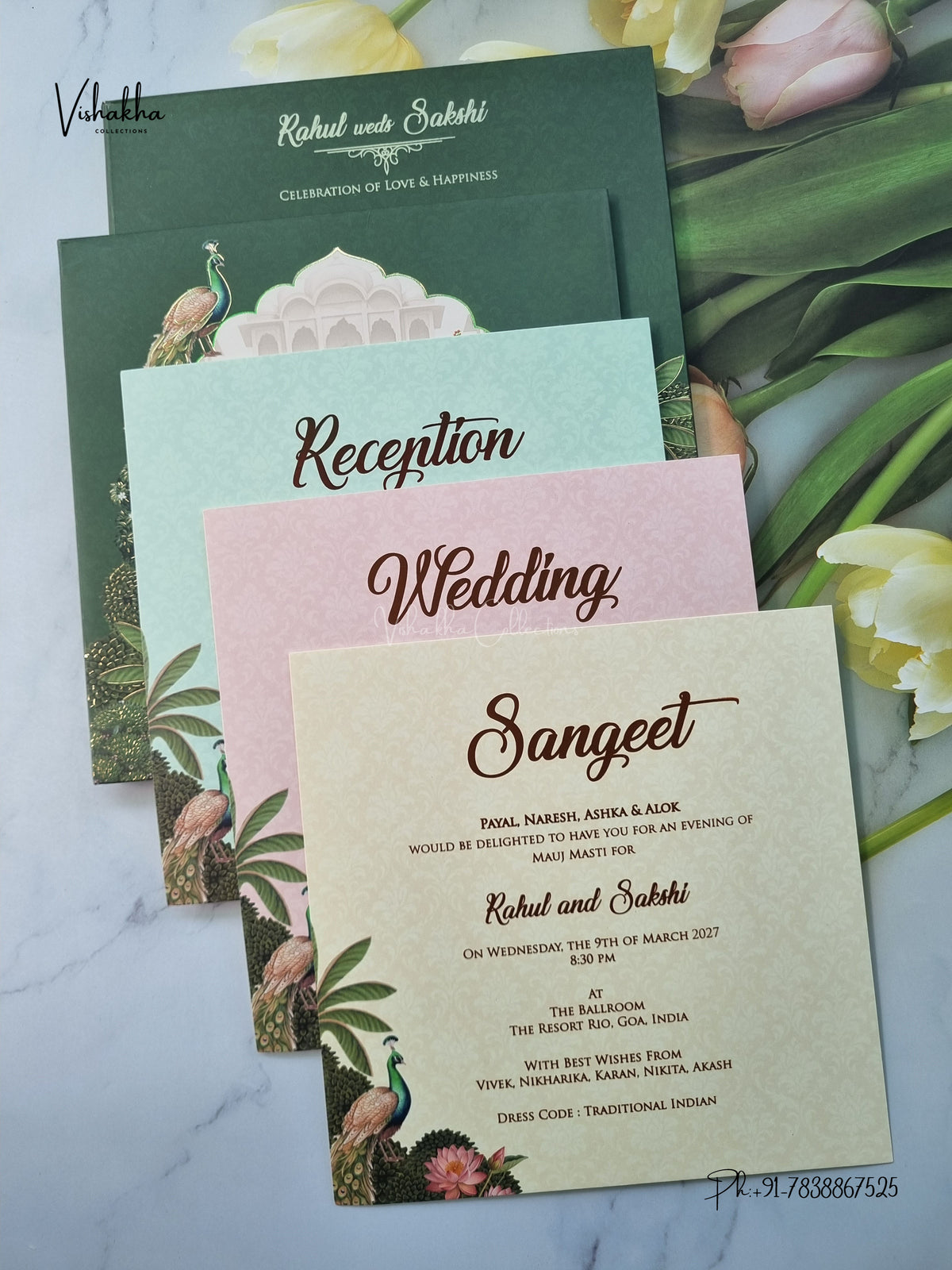 Semi Box Padded Peacock Hathi Hindu Muslim Christian Sikh Jain invitation Cards SK-3644 – image 3