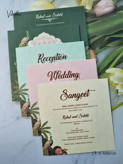 Semi Box Padded Peacock Hathi Hindu Muslim Christian Sikh Jain invitation Cards SK-3644 – image 3