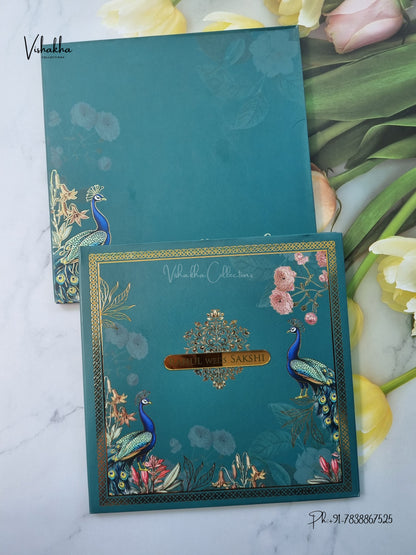 Semi Box Padded Peacock Hindu Muslim Christian Sikh Jain invitation Cards SK-3645 – image 1