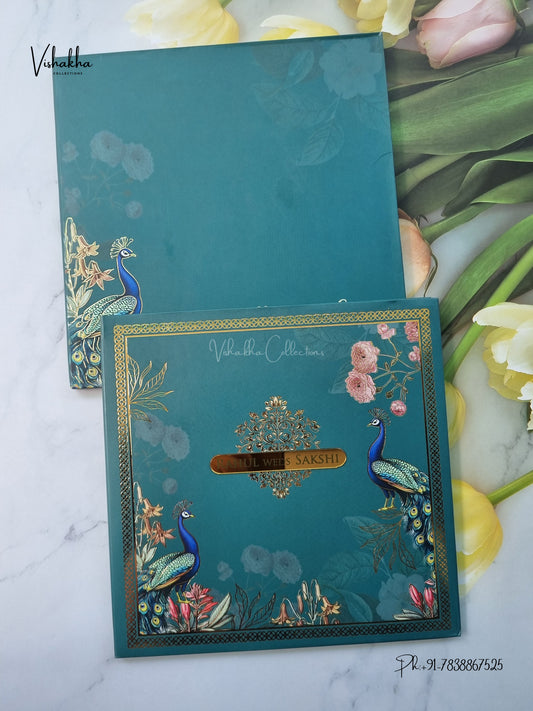 Semi Box Padded Peacock Hindu Muslim Christian Sikh Jain invitation Cards SK-3645 – image 1