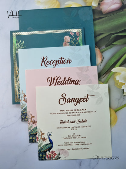 Semi Box Padded Peacock Hindu Muslim Christian Sikh Jain invitation Cards SK-3645 – image 3