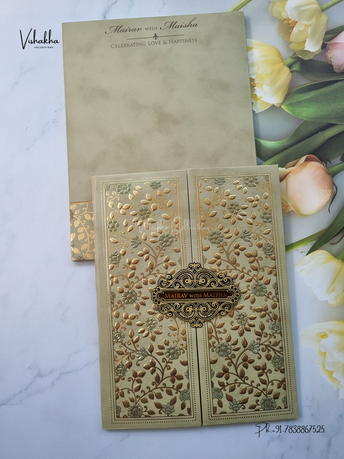 Semi Box Padded Double Door Flower Hindu Muslim Christian Sikh Jain invitation Cards SK-3656 – image 1