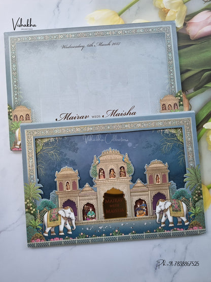 Semi Box Padded 3D Pop Up Hindu Muslim Christian Sikh Jain invitation Cards SK-3657 – image 1