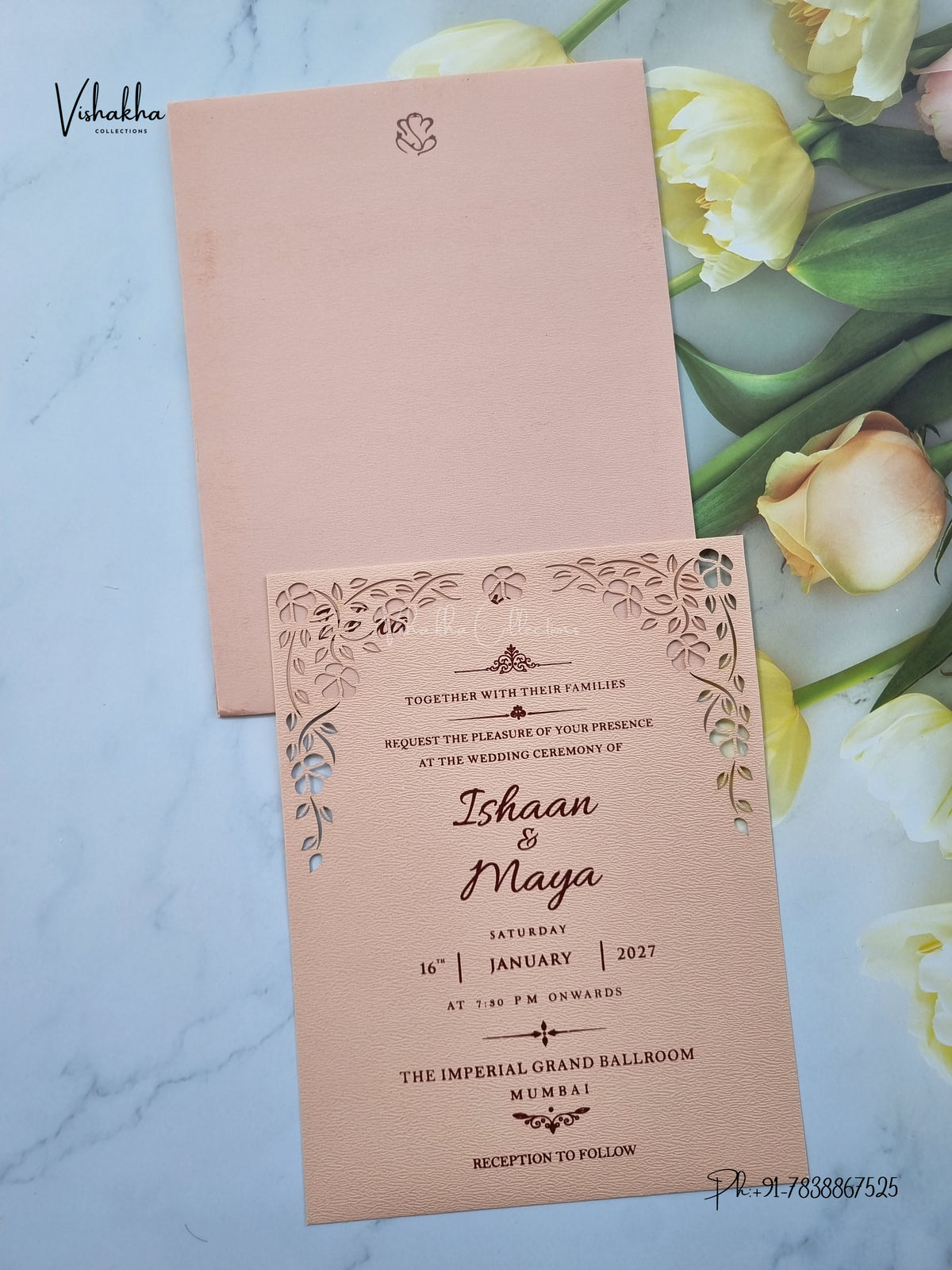 MDF Board Laser Cut Flower Hindu Muslim Christian Sikh Jain invitation Cards SN-221 – image 1