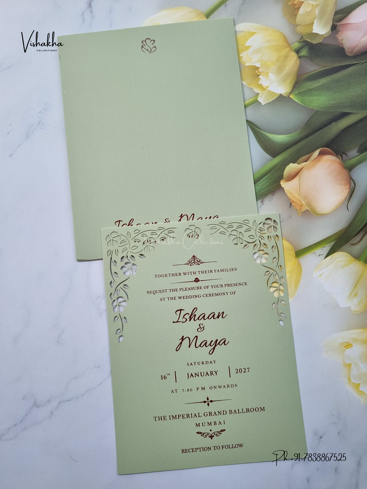 MDF Board Laser Cut Flower Hindu Muslim Christian Sikh Jain invitation Cards SN-222 – image 1