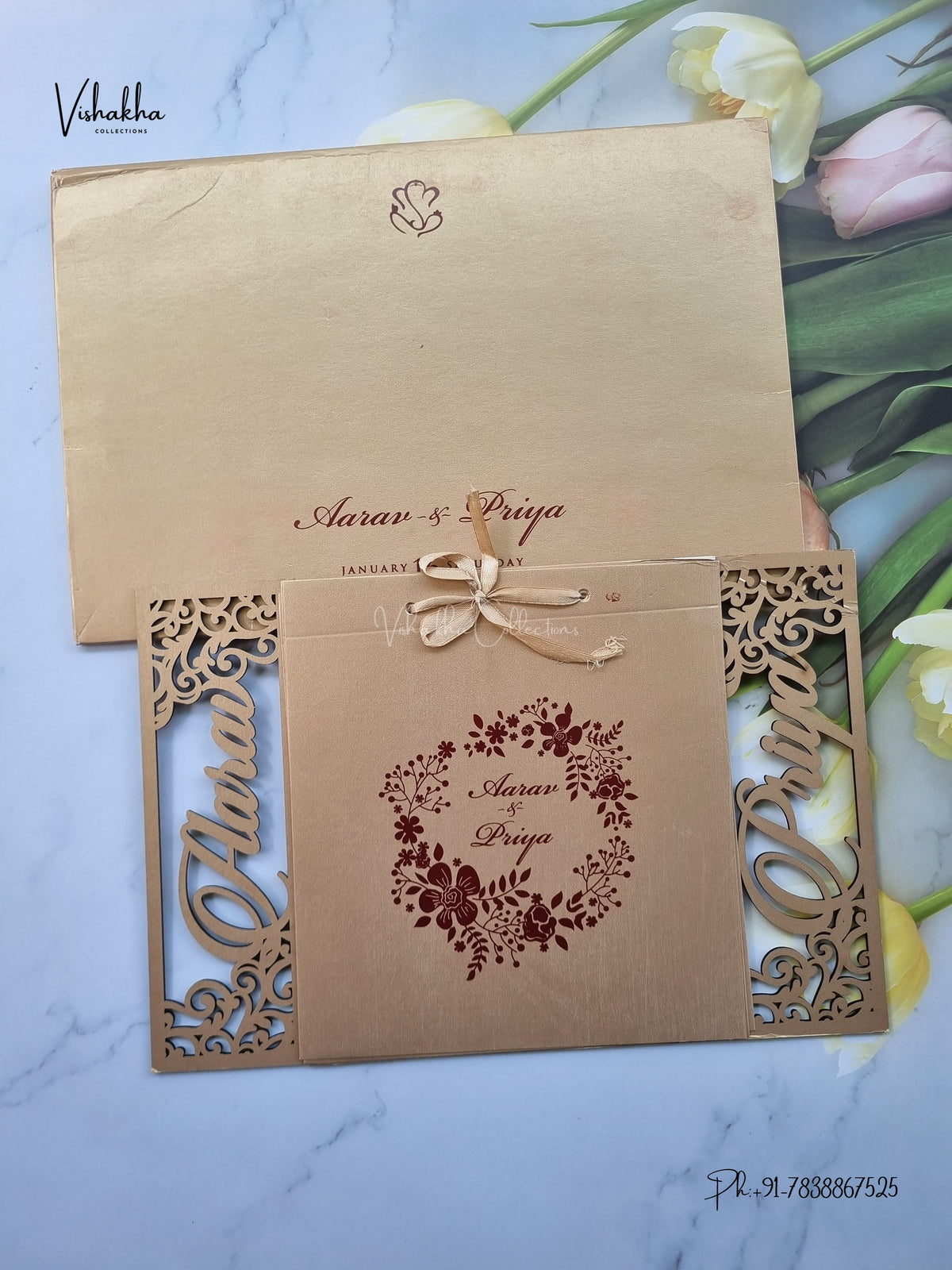 Semi Box MDF Board Laser Cut Flower Hindu Muslim Christian Sikh Jain invitation Cards SN-229 – image 1
