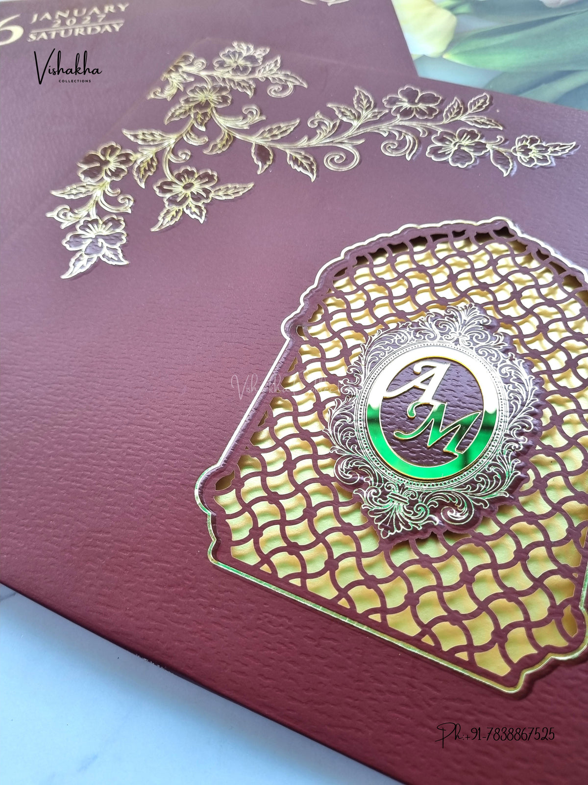 Semi Box Laser Cut Padded Flower Hindu Muslim Christian Sikh Jain invitation Cards SN-249 – image 2