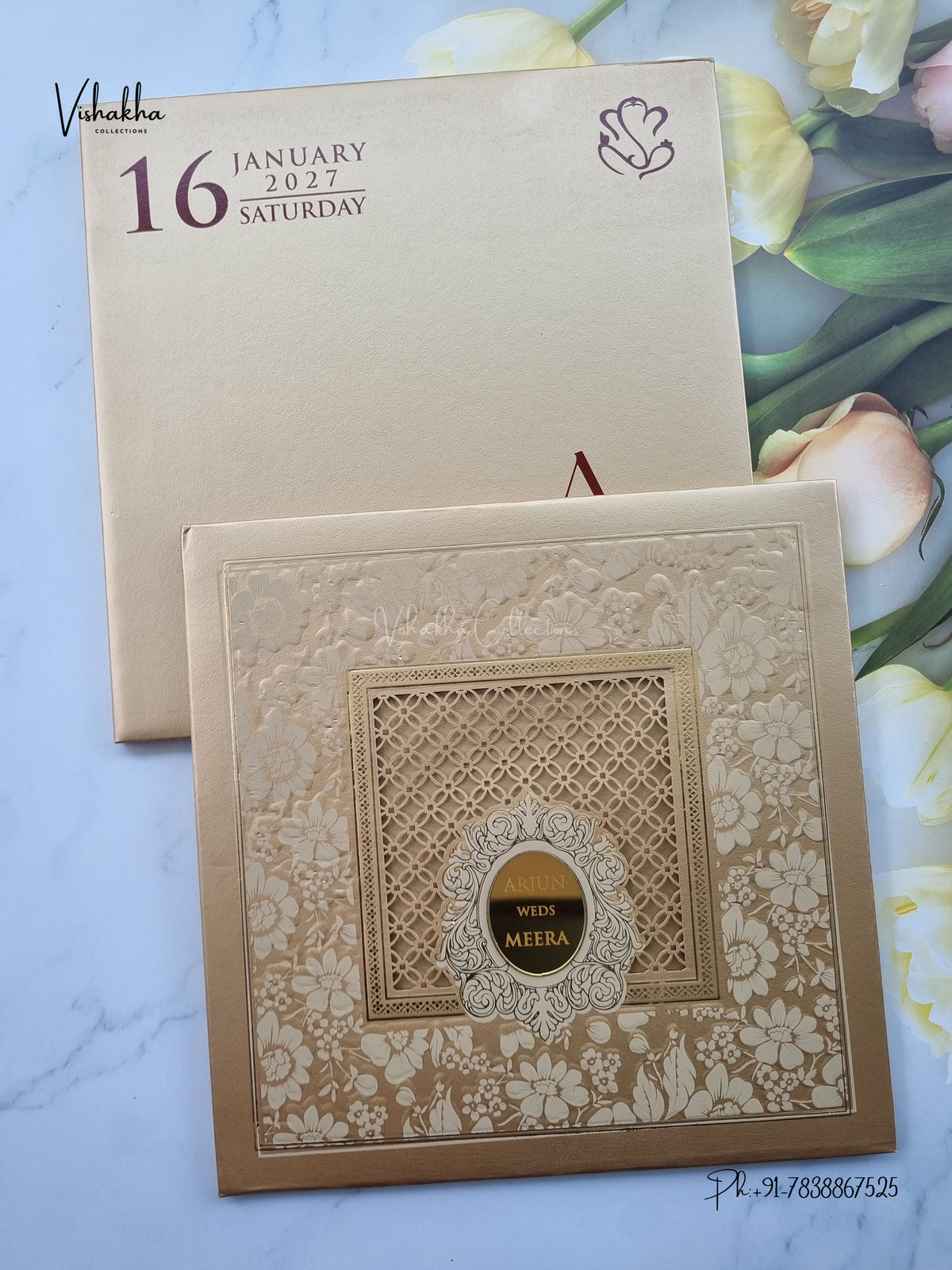 Semi Box Laser Cut Padded Flower Hindu Muslim Christian Sikh Jain invitation Cards SN-256 – image 1