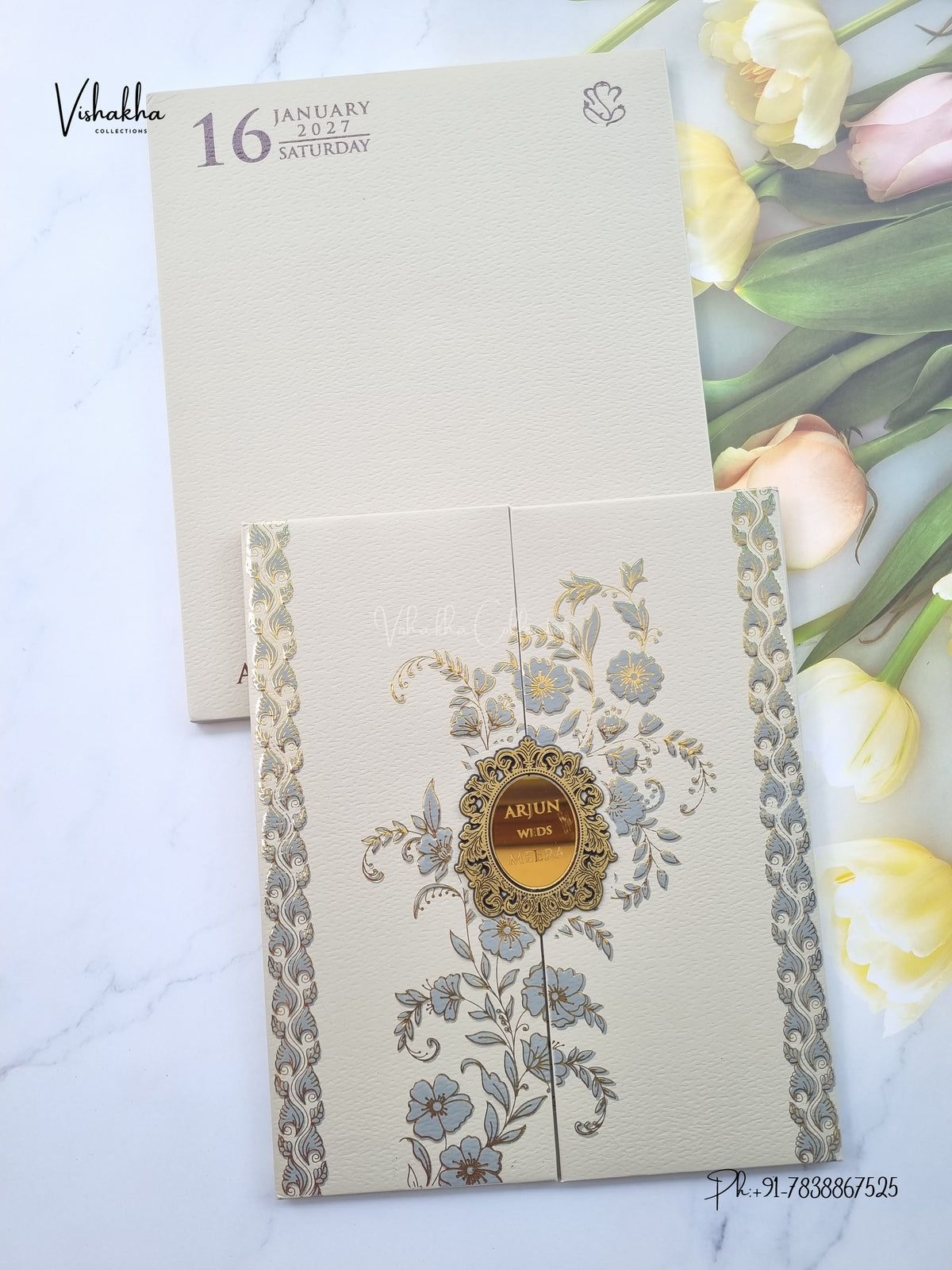 Semi Box Padded Double Door Flower Hindu Muslim Christian Sikh Jain invitation Cards SN-277 – image 1