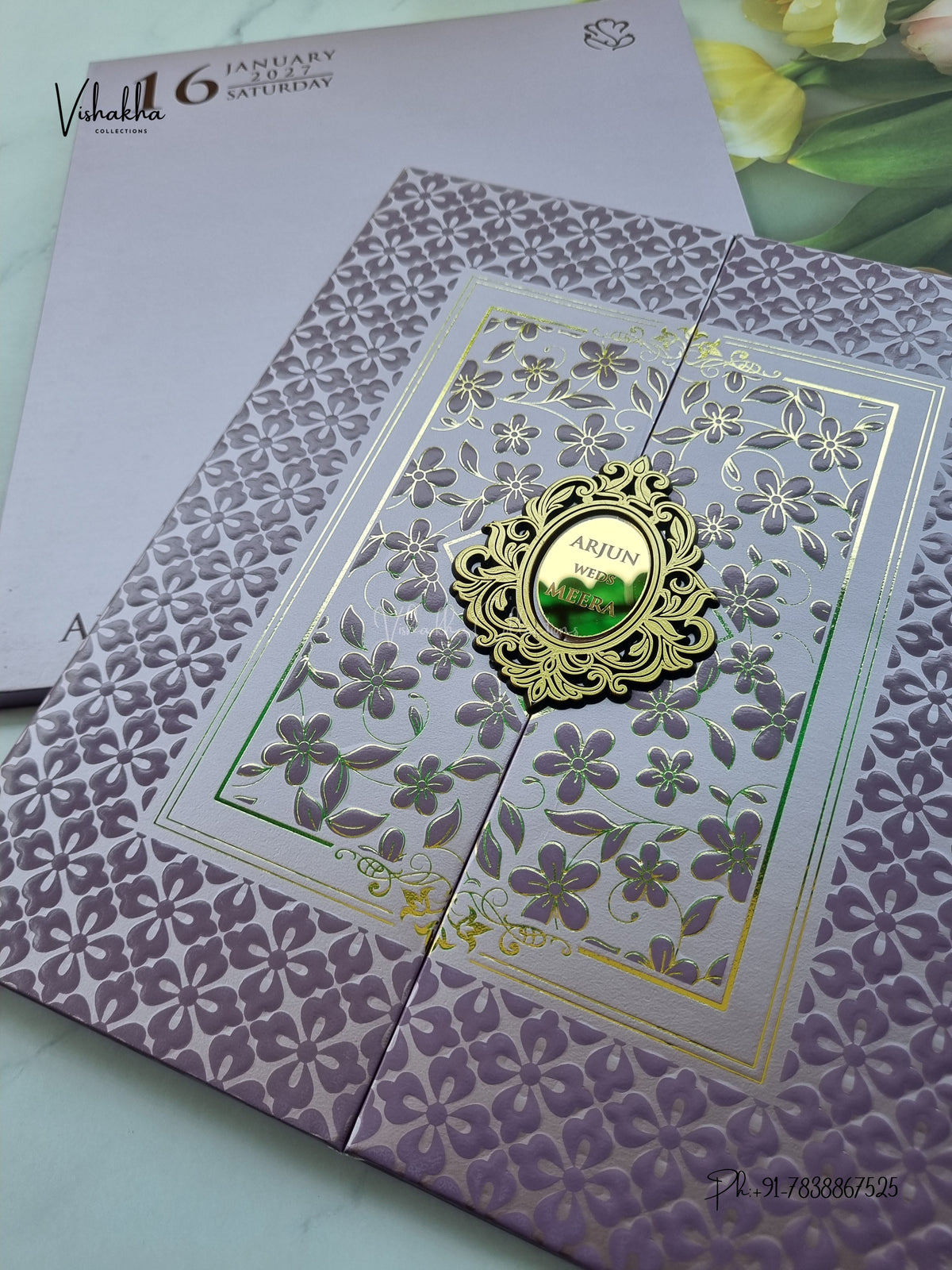 Semi Box Padded Double Door Flower Hindu Muslim Christian Sikh Jain invitation Cards SN-279 – image 2