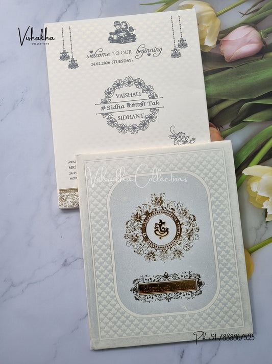 White And golden Hindu Muslim Christian Sikh Padded invitation Cards ATS-1250