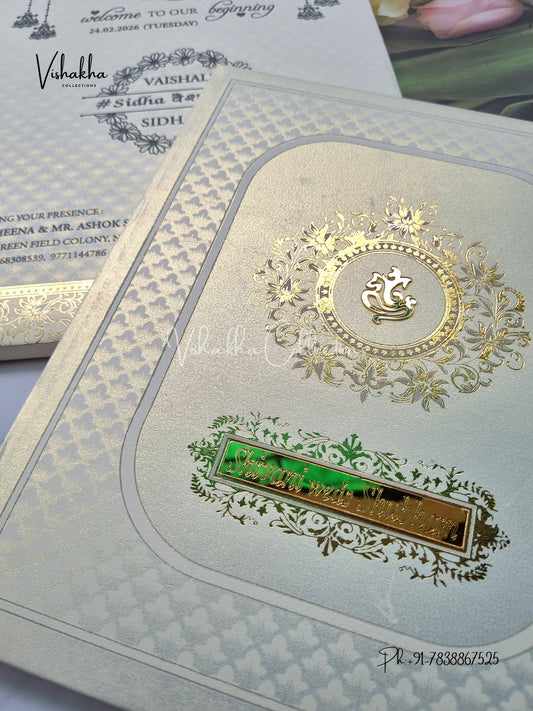 White And golden Hindu Muslim Christian Sikh Padded invitation Cards ATS-1250
