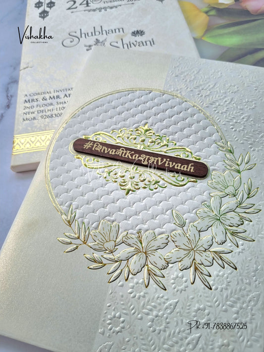 White And golden Hindu Muslim Christian Sikh Padded invitation Cards ATS-1301