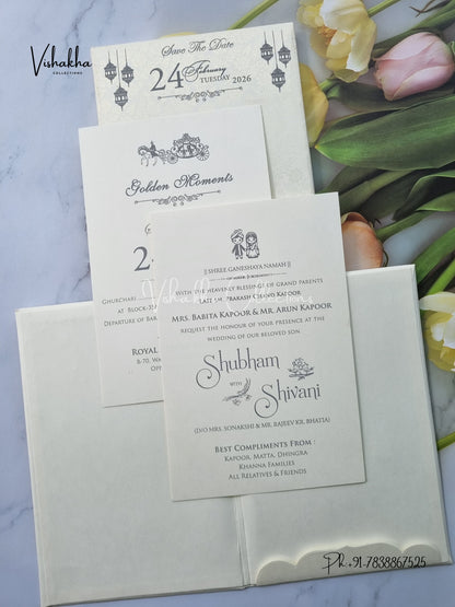 White And golden Hindu Muslim Christian Sikh Padded invitation Cards ATS-1301