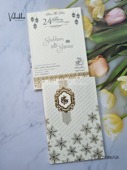 White And golden Hindu Muslim Christian Sikh Padded invitation Cards ATS-1302