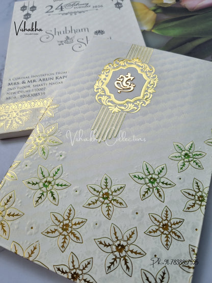 White And golden Hindu Muslim Christian Sikh Padded invitation Cards ATS-1302