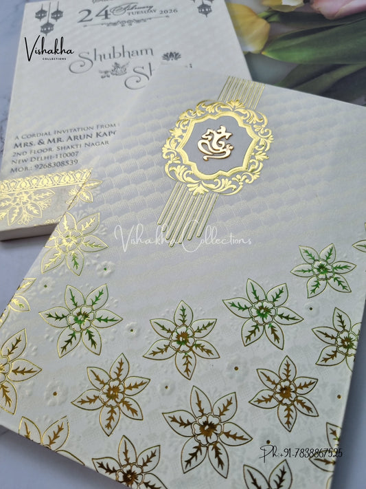 White And golden Hindu Muslim Christian Sikh Padded invitation Cards ATS-1302