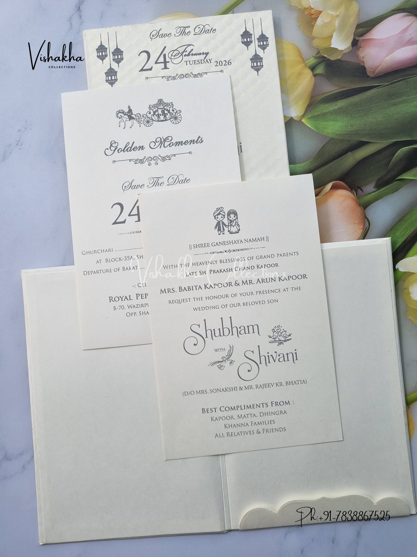 White And golden Hindu Muslim Christian Sikh Padded invitation Cards ATS-1302