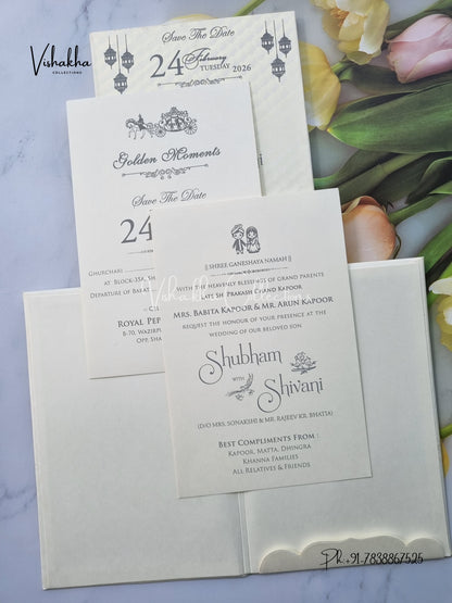 White And golden Hindu Muslim Christian Sikh Padded invitation Cards ATS-1302