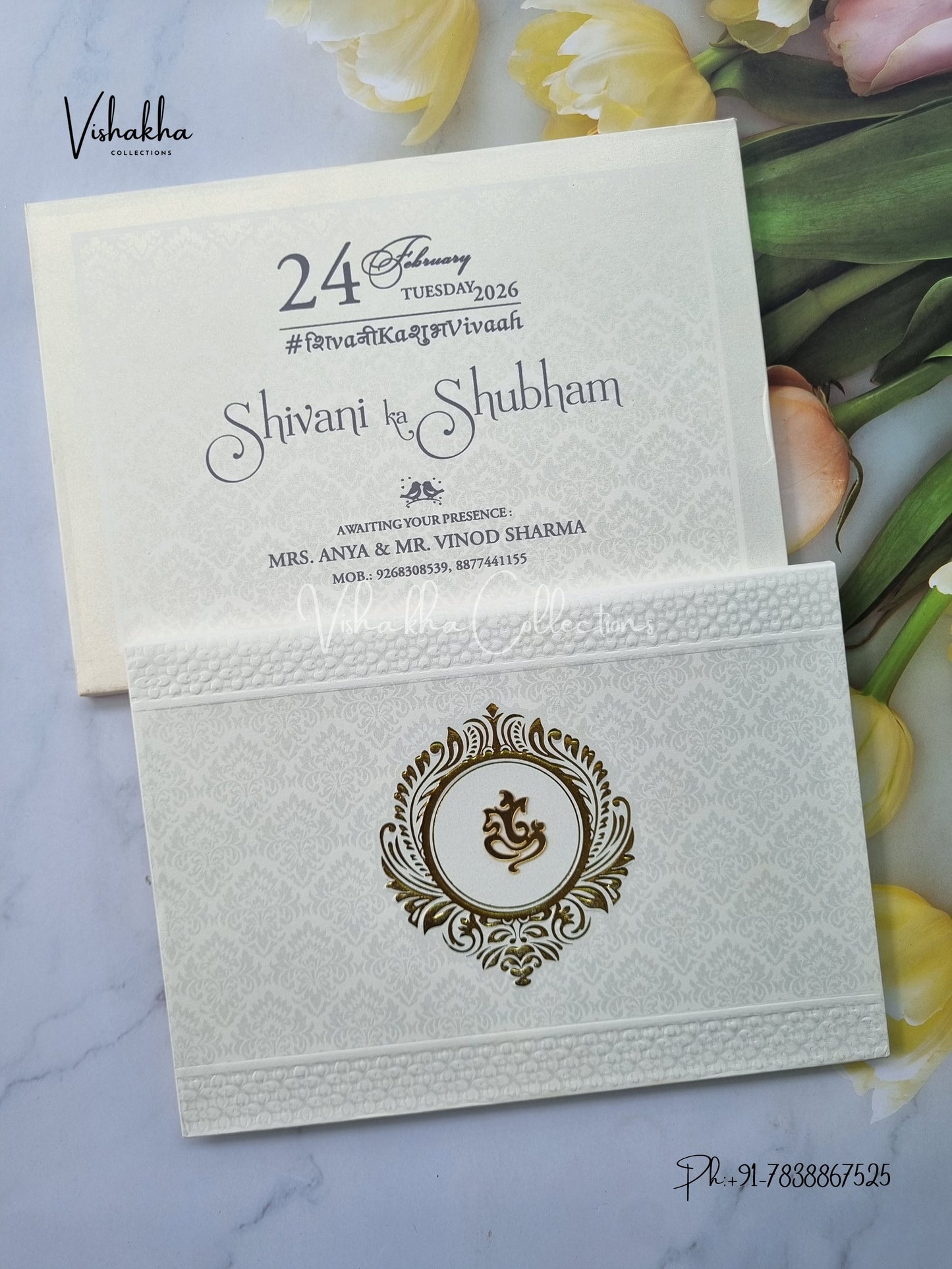 White And golden Hindu Muslim Christian Sikh Padded invitation Cards ATS-1304