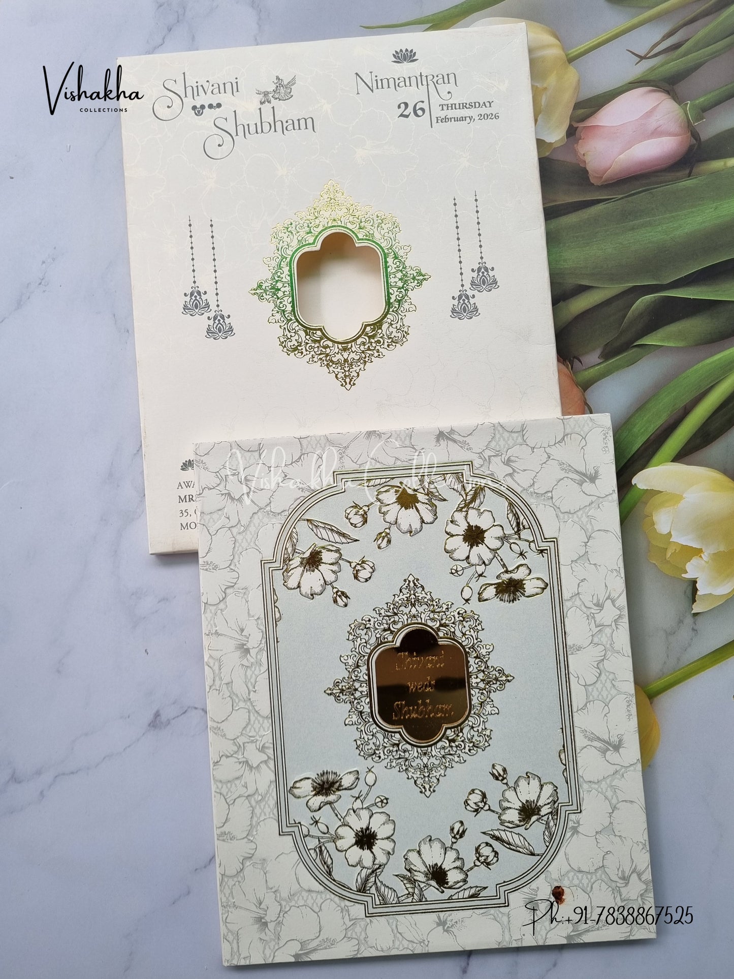 White And golden Hindu Muslim Christian Sikh Padded invitation Cards ATS-1305