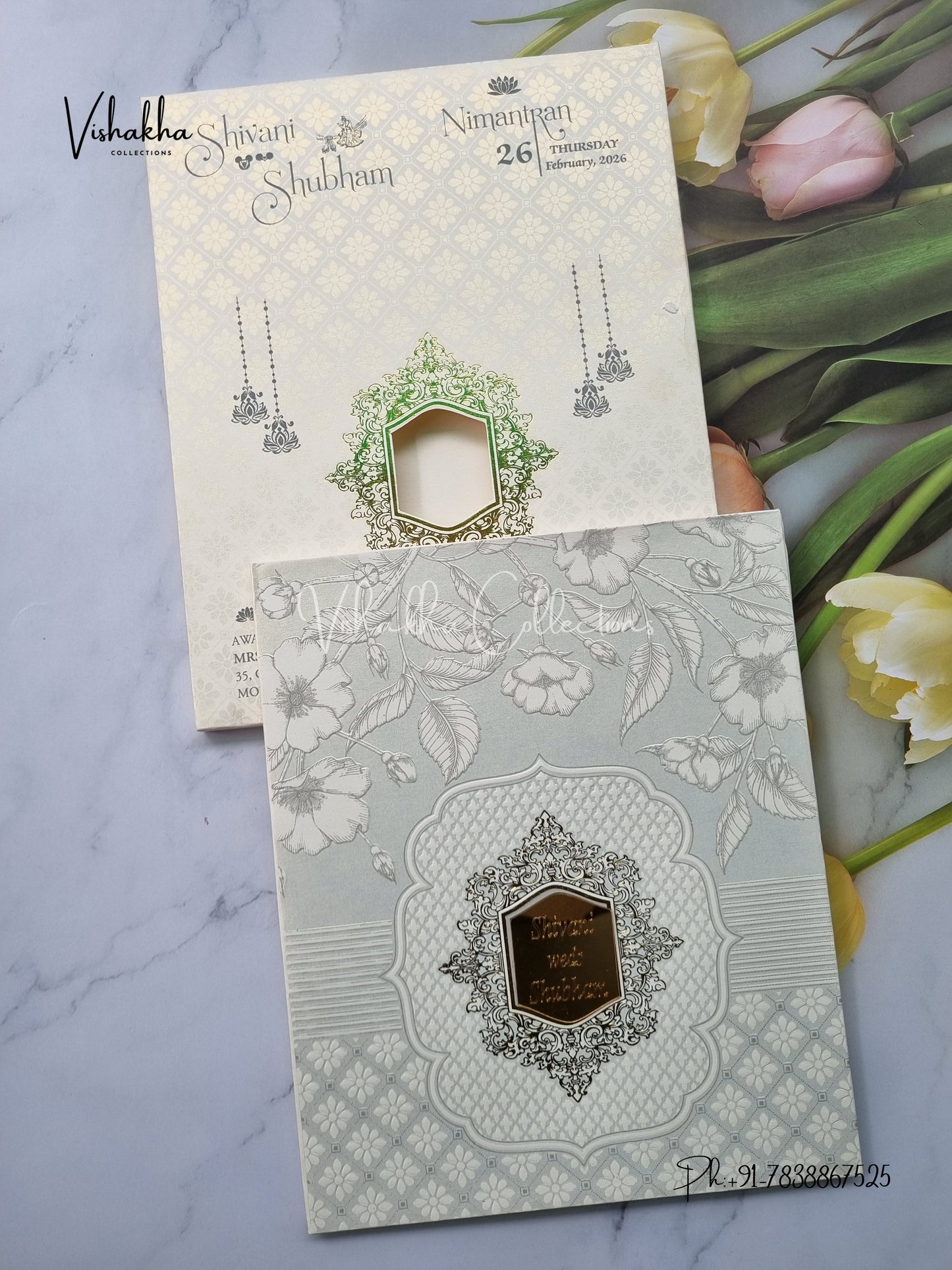 White And golden Hindu Muslim Christian Sikh Padded invitation Cards ATS-1306