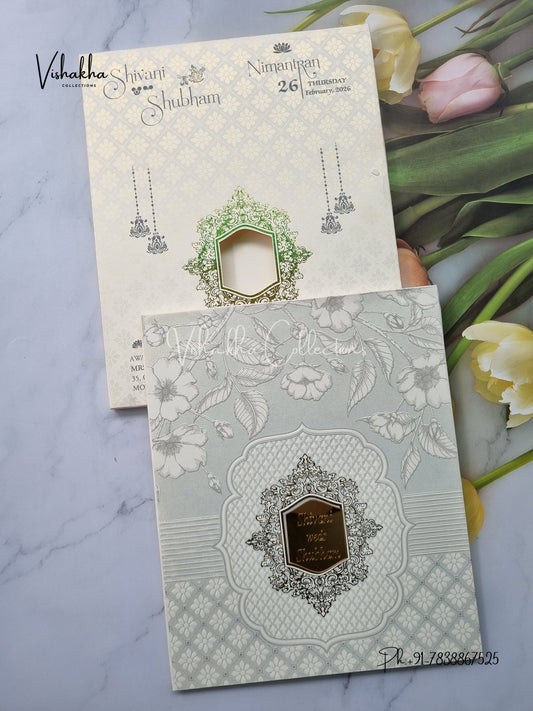 White And golden Hindu Muslim Christian Sikh Padded invitation Cards ATS-1306